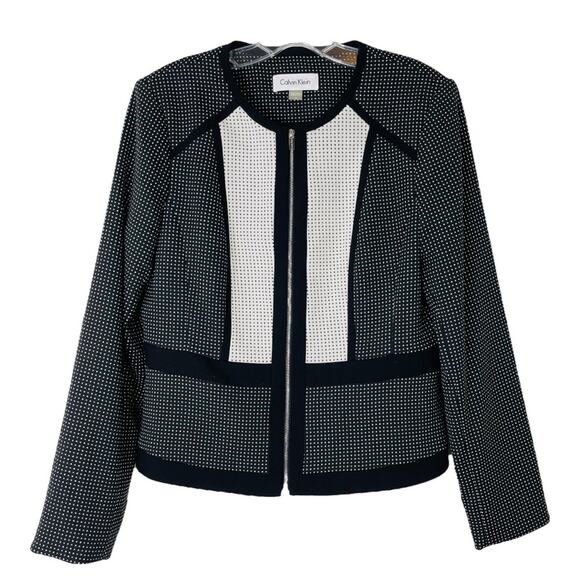 Calvin Klein black white dot contrast zip stretch preppy office blazer jacket 12 - Picture 1 of 7